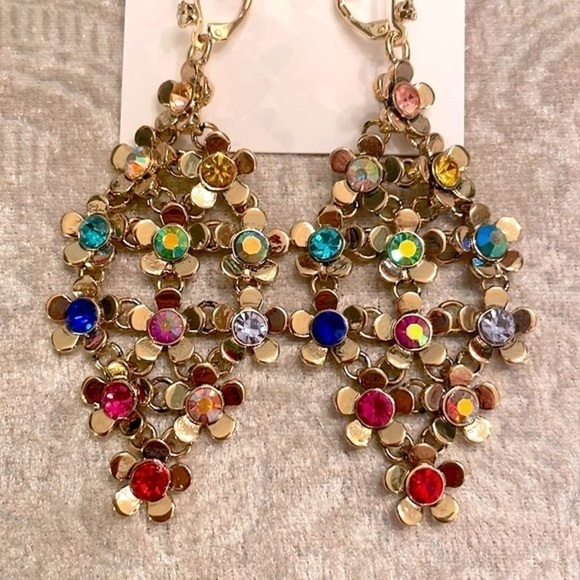 Brand New Betsey Johnson Colorful Flower Necklace & Drop Earring Set Gold Tone - Picture 7 of 11